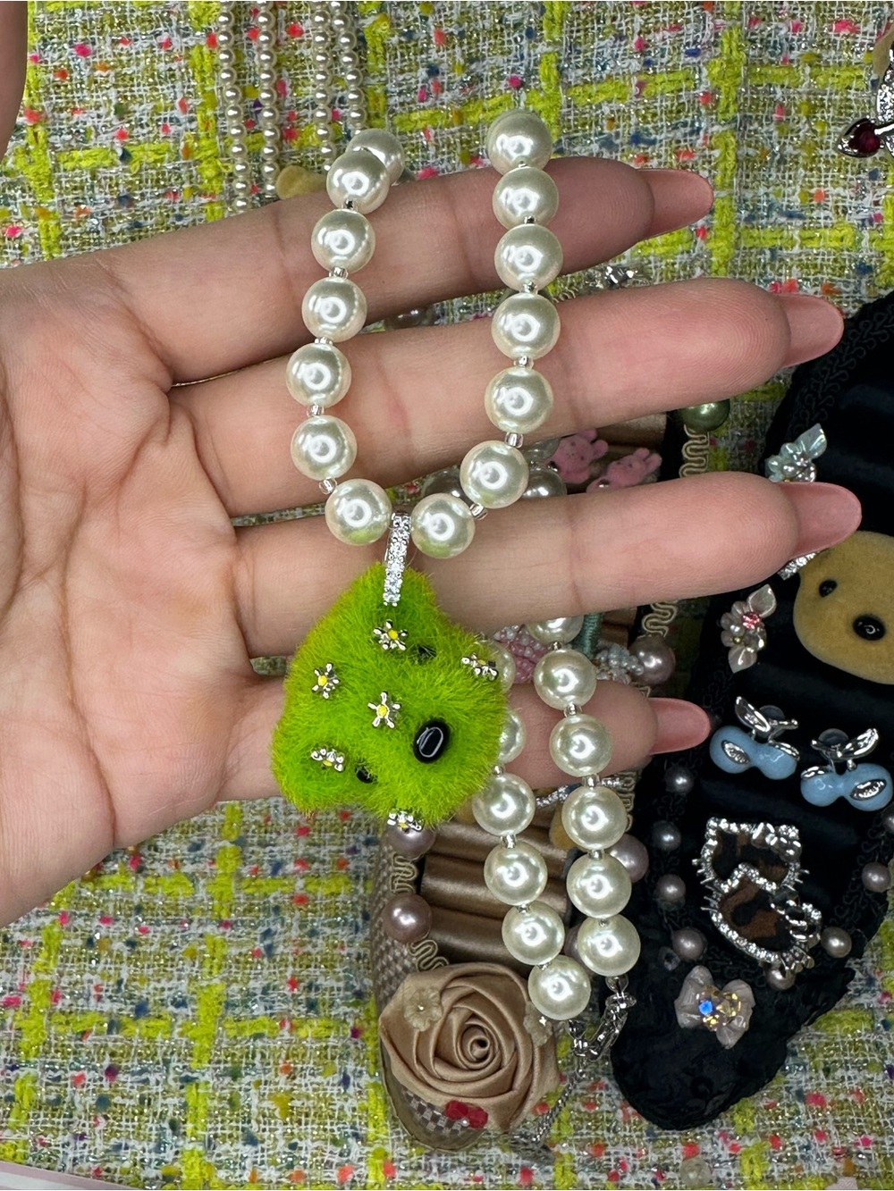 YVMIN Pearl Bead Necklace with Lime Green Fuzzy Charm